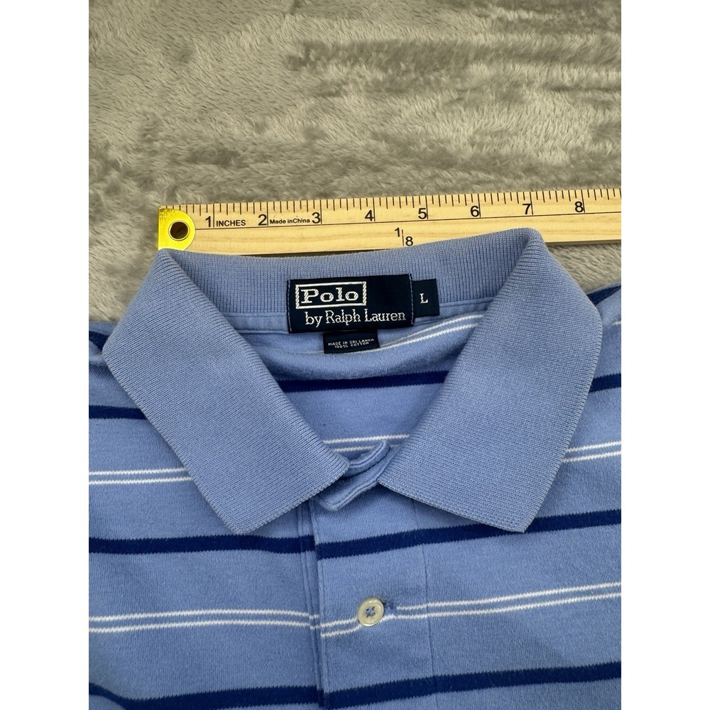 Polo Ralph Lauren Mens L Blue Striped Polo Shirt Yellow Pony Short Sleeve - Picture 12 of 14